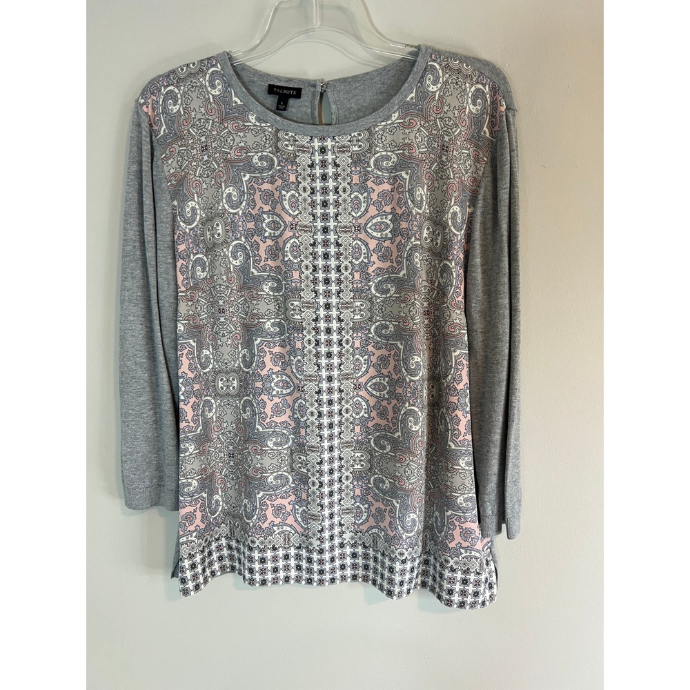 Talbots Womens Grey Paisley Print Mixed Media 3/4 Sleeve Knit Sweater Top L